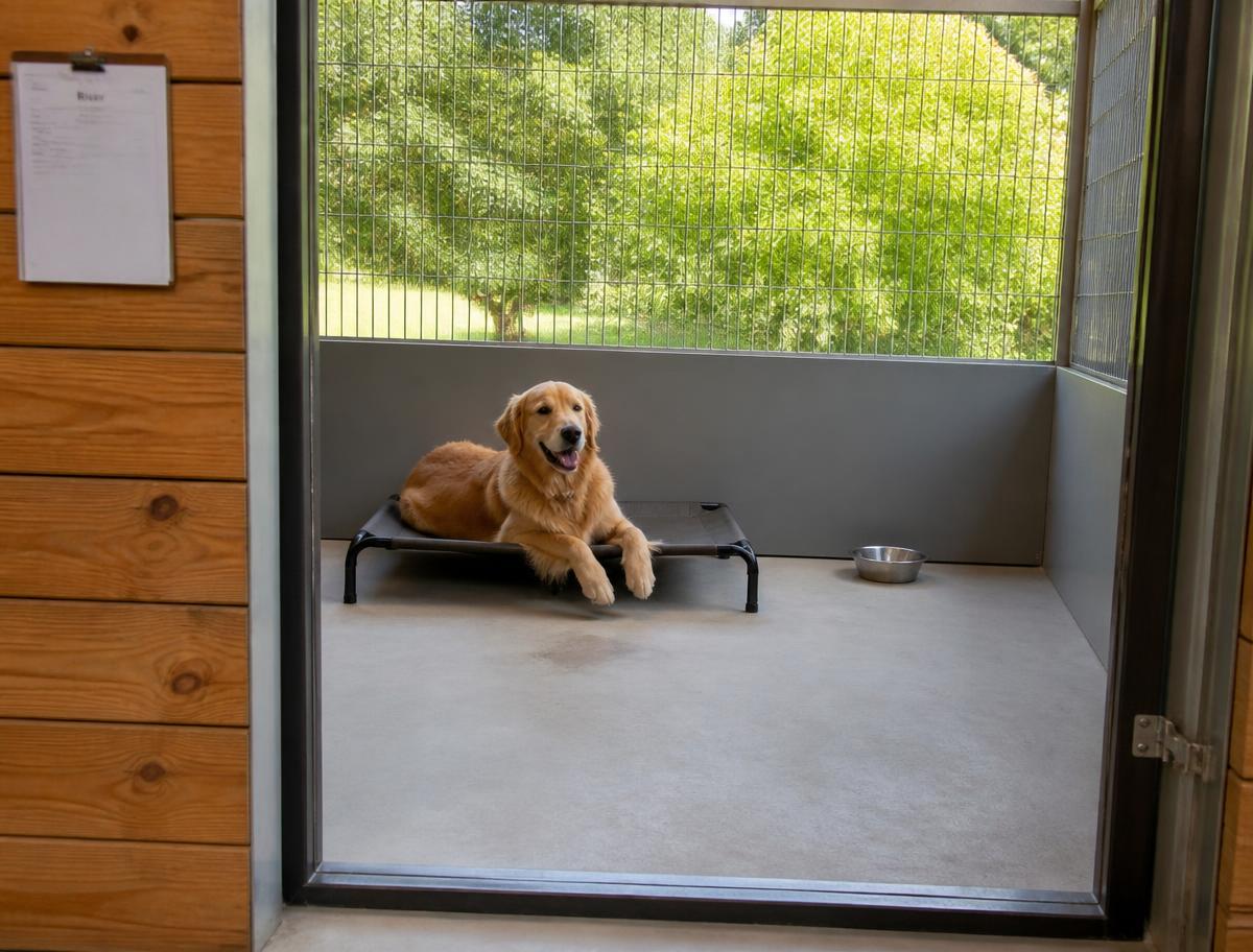 A clean spacious kennel run with a golden retriever resting on a raised bed