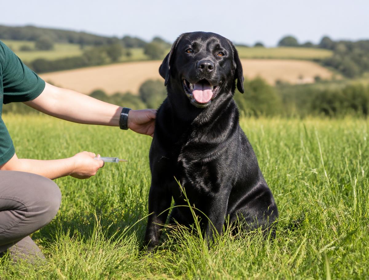 A healthy black labrador sitting in a grass field during a vet check